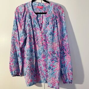 Lilly Pulitzer Elsa 100% SILK Top Celestial Blue Seek And Sea Size XL